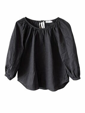 Everlane Black Peasant Blouse 100% Cotton Gathered Neck Tie Back Top M